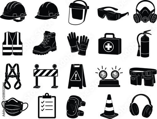 Personal protective equipment icon set featuring black glyphs of a hard hat, safety glasses, earmuffs, respirator mask, gloves, vest, boots, and a safety harness for work