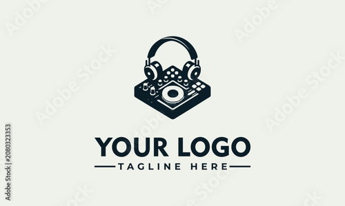 Fotografie Professional DJ music controller and headphones vector logo illustration for aud