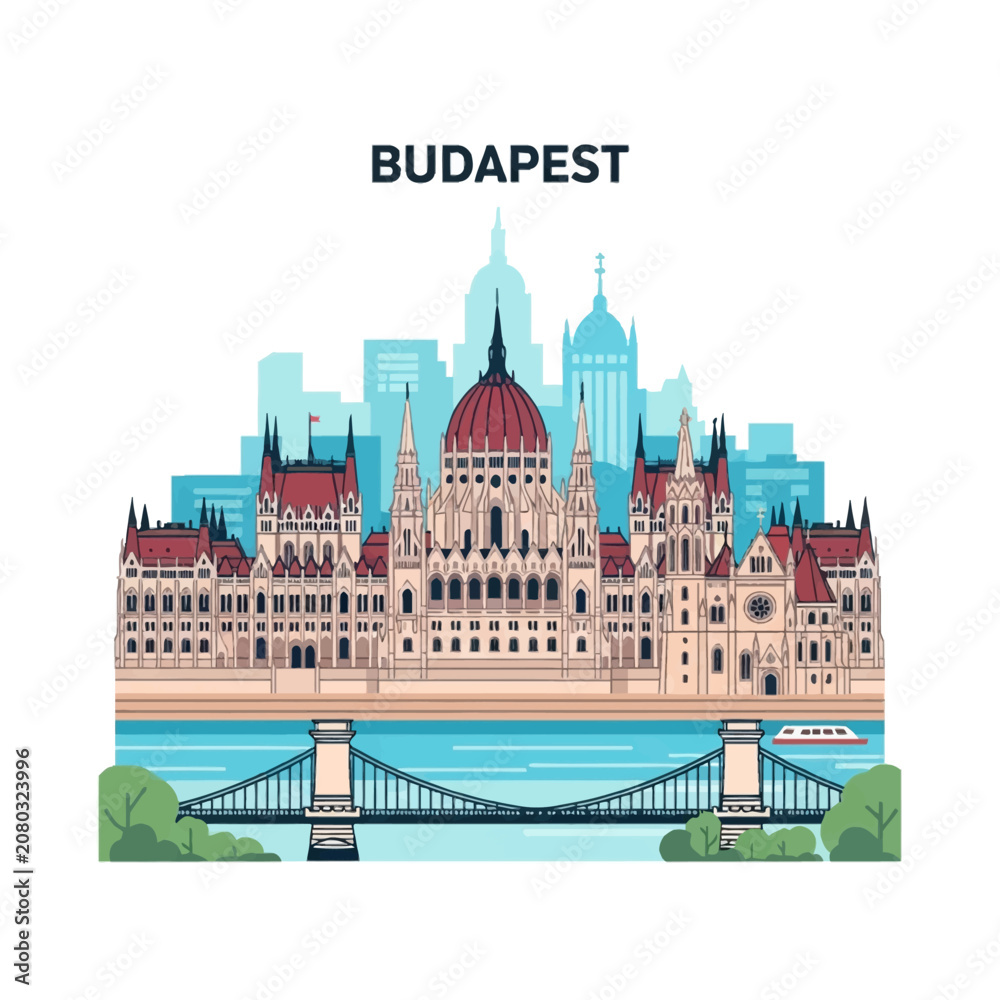 Obraz premium Detailed vector illustration of the Budapest city skyline featuring the Hungarian Parliament Building, Széchenyi Chain Bridge over the Danube river, and urban architecture.