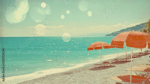 Tranquil Beach Scene with Red Umbrellas and Calm Blue Ocean Waves