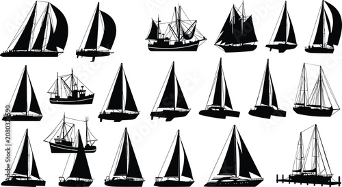 Obraz na plátně Set of black sailboat silhouettes on white background,
