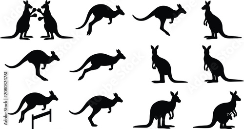 Photos Set of Kangaroo Silhouettes in Various Poses Vector Illustration