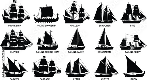 Canvastavla Collection of Various Sailing Ship and Boat Silhouette Icons