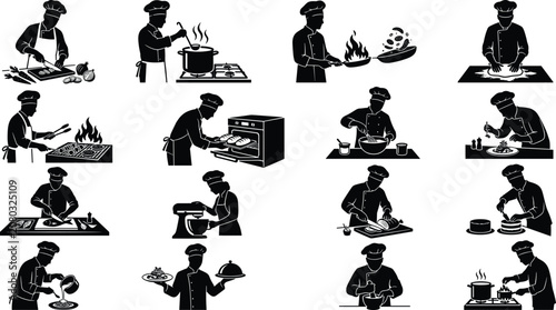 Foto Set of Professional Chef and Cook Silhouettes in Kitchen Actions