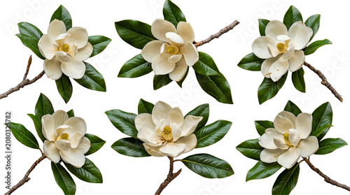 Tableau sur toile Beautiful set of magnolia flowers with dark green leaves and sturdy branches isolated on a transparent background