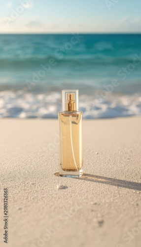 Tall glass perfume spray bottle standing on the white sand of a tropical beach