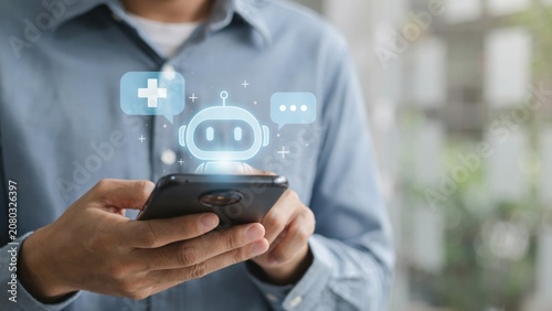 Person using a smartphone with a glowing artificial intelligence chatbot icon menu