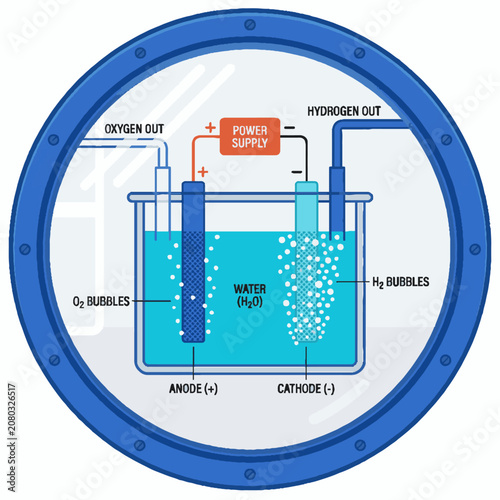 Scientific diagram of water electrolysis process showing hydrogen and oxygen separation in a laboratory beaker.