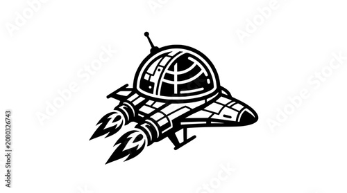 Obraz na płótnie Retro futuristic flying saucer with flames, black and white cartoon illustration