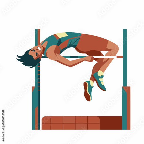 Female athlete performing high jump over horizontal bar in track and field competition illustration.