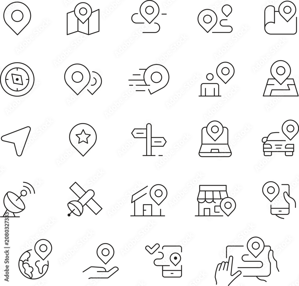 Fototapeta premium Navigation and Location Pin Line Icons Set – GPS Map Marker, Route, Tracking, Compass, Geolocation and Navigation Editable Stroke Vector Collection