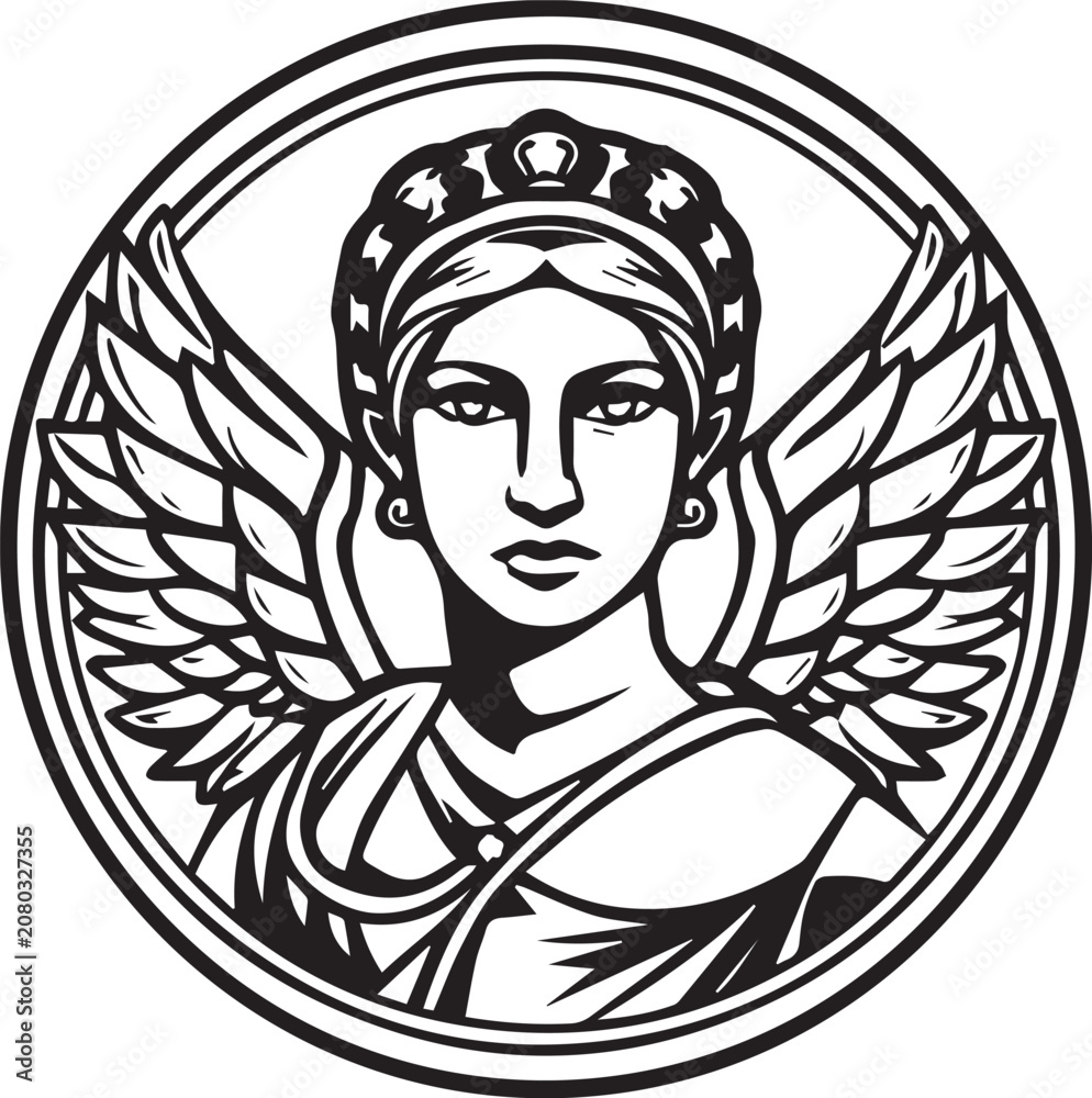 Obraz premium Winged goddess illustration, regal bearing, laurel wreath crown, detailed feathered wings, encircled in a decorative border.