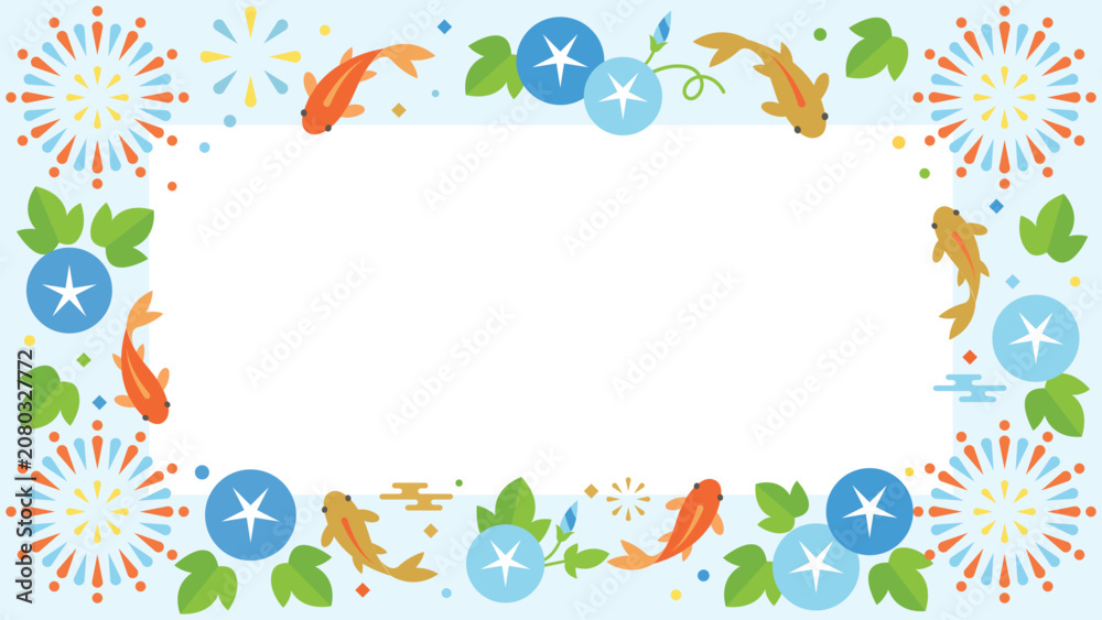 Fototapeta premium Japanese Summer Festival Border Background with Fireworks Koi Fish and Morning Glory