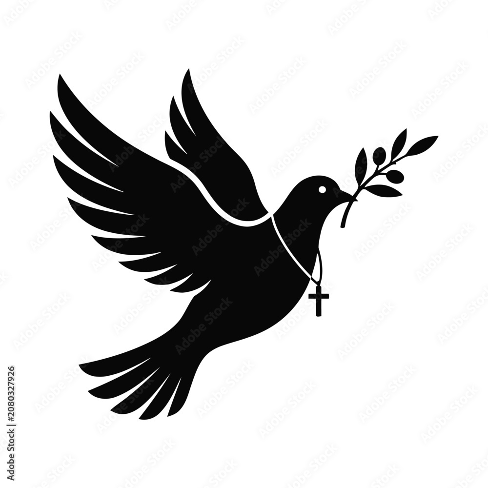 Obraz premium Flying peace dove holding an olive branch and wearing a Christian cross silhouette vector illustration