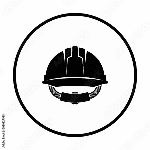 Black and white construction hard hat icon inside a circle.