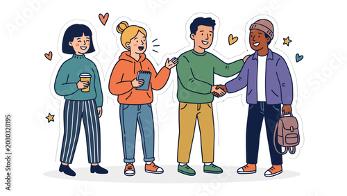 Friends Gathering: A diverse group of young friends sharing smiles and connection, with one person extending a hand for a handshake, surrounded by tiny hearts and stars symbolizing warmth and joy.