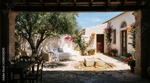 A serene outdoor patio scene with a wool blanket texture close-up in a sunny courtyard setting