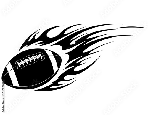 Isolated Black American Football with Abstract Hot Tribal Flames Trail on White Background Power Motion Speed Energy Design