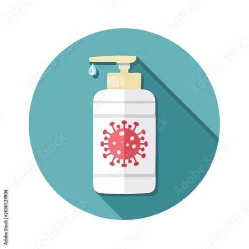Flat icon of hand sanitizer bottle with virus symbol