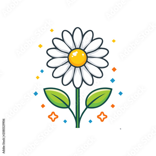 Flat illustration of a daisy flower with leaves and stem