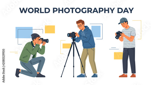 Obraz na plátně World Photography Day Celebration: Three photographers engage with their cameras, capturing moments on World Photography Day, celebrating the art and passion of photography