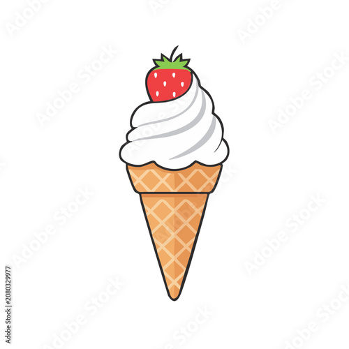 Ice cream cone with strawberry flat vector illustration