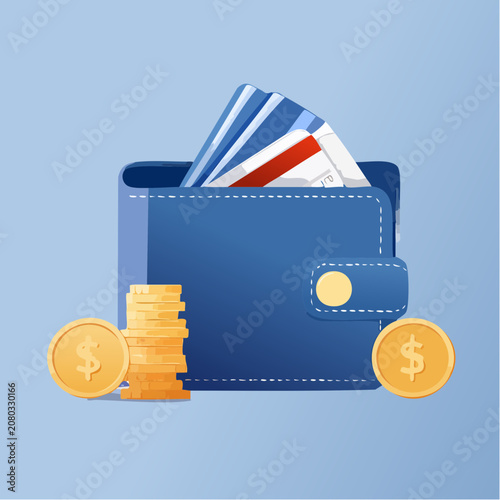 Blue wallet with credit cards, cash, and coins illustration