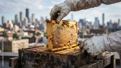 Beekeeper handling honeycomb frame on rooftop with cityscape background
