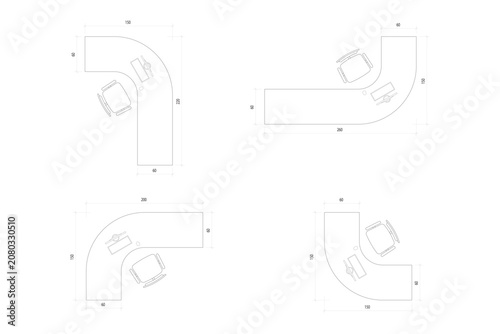 4 Set Office Desk Layout Top View Vector Plan with Dimensions Element Interior Design. 13