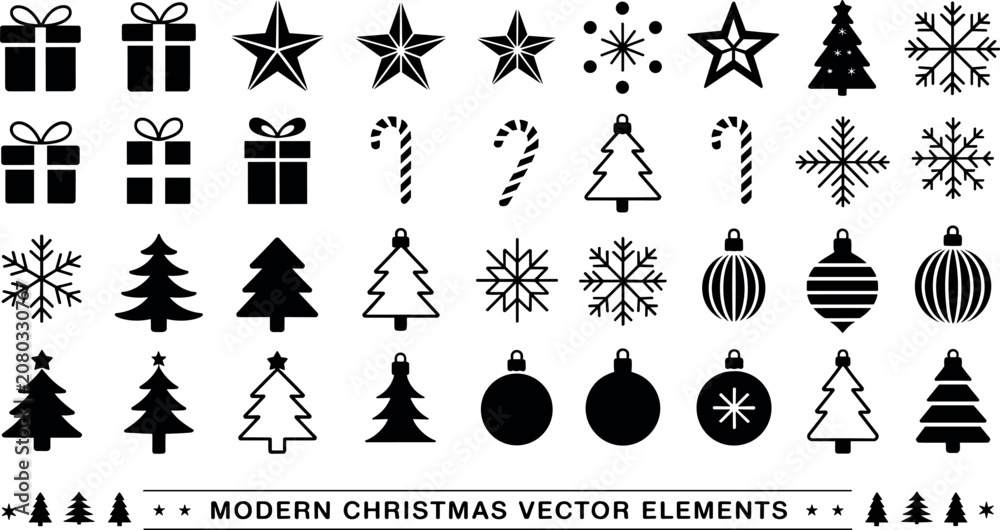 Fototapeta premium Modern Christmas vector elements silhouette icon set featuring holiday gift boxes stars candy canes snowflakes trees and ornaments