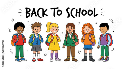 Fényképezés Back To School Diversity: A charming illustration depicting a diverse group of smiling schoolchildren, each with a backpack, ready to embrace the new academic year with excitement and anticipation