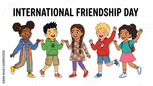 Bild auf Leinwand International Friendship Day Celebration: Diverse children hold hands and celebrate International Friendship Day, showcasing unity and joy across cultures