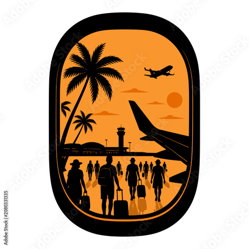Silhouette of travelers at airport with palm trees and sunset view  
