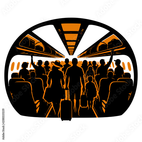 Silhouette of crowded airplane cabin interior with passengers boarding  