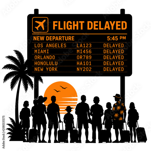 Flight delayed announcement sign with travelers waiting at sunset  