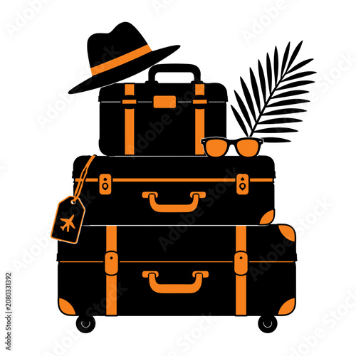 Luggage suitcase stack with tropical elements and travel accessories  