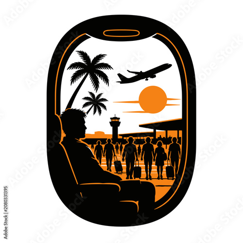 Man sitting by airplane window watching airport crowds at sunset  