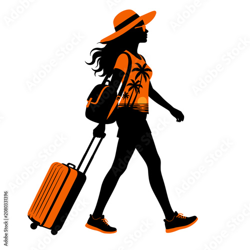 Traveler with rolling luggage walking in summer style and silhouette  