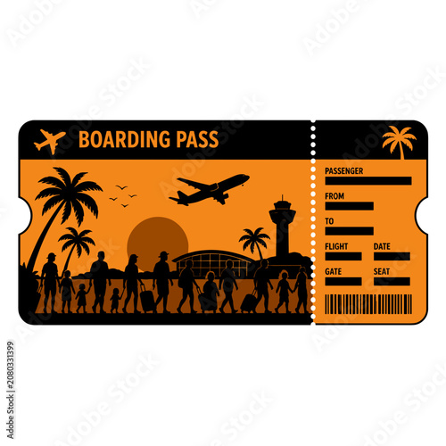 Orange silhouette of airplane boarding pass with passengers and palm trees  