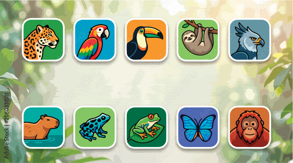 Fototapeta premium Tropical jungle animal icons set, 10 rainforest wildlife vector illustrations, exotic jaguar and macaw bird avatars, colorful nature stickers