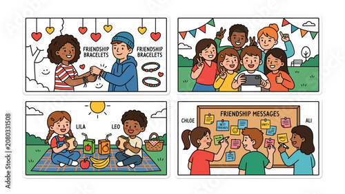 Foto Celebrating Friendship: A vibrant collage depicts four heartwarming scenes of childhood friendship