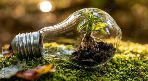 Low-angle view of a glass light bulb on its side with green plants and moss growing inside, natural lighting