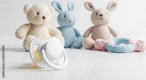 Teddy bears and pacifier on table.