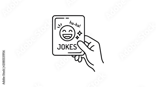 Quadro su tela Hand holding a card with a happy face and Jokes text, cartoon style
