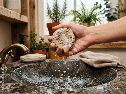 Hand washing soap in a stone sink with plants in the background