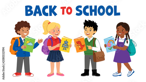 Foto Back to School Excitement: Four diverse schoolchildren, eager and smiling, carry their books and backpacks, ready for a new academic year filled with learning and adventure