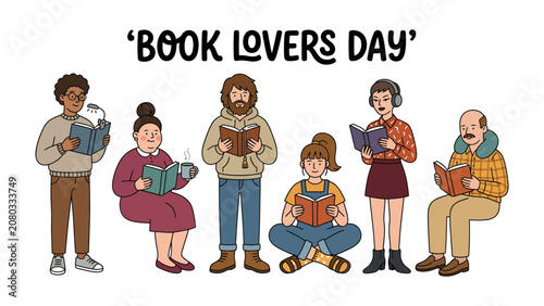 Tableau sur toile A Gathering of Book Lovers: A charming illustration depicts a diverse group of individuals engrossed in reading, celebrating the joy and spirit of Book Lovers Day