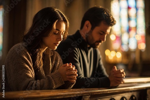 Two individuals sit in quiet reflection, surrounded by warm chapel light and stained glass hues.
