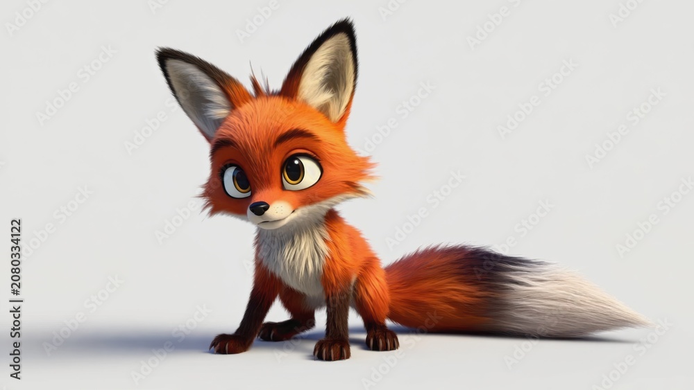 Fototapeta premium A cute glowing fox with a fluffy tail prepares to leap, showcasing its determined spirit against a pure white backdrop.