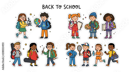 Obraz na plátně Back To School Collection: A vibrant illustration showcases a diverse group of enthusiastic children, each ready for the new academic year with backpacks and school supplies